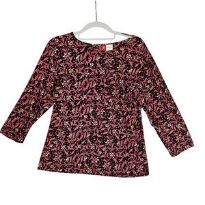 JM Collection Womens Small Blouse leaf Black Red stretchy slinky office feminine